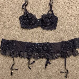 Myla Navy Blue Lace Bling Bra & Garter Lingerie Set Christmas Gift, M/L sz 36 D
